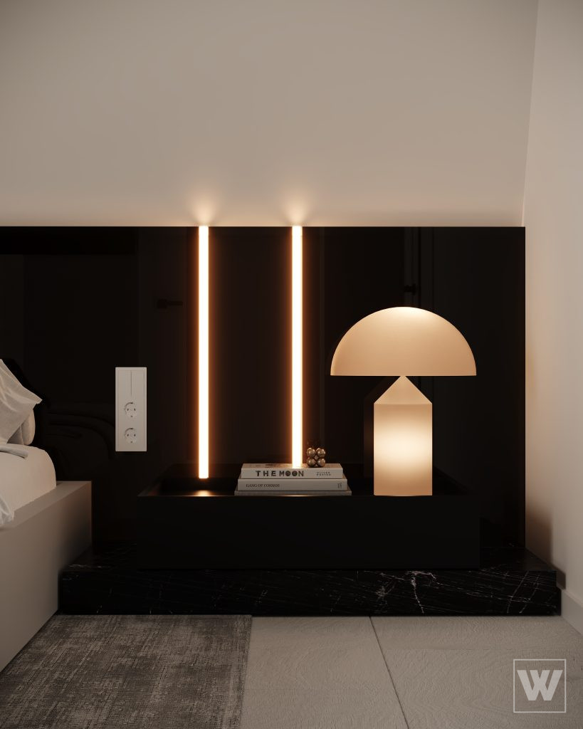 elegancka sypialnia z designerskim oświetleniem