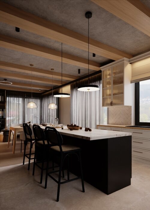 Kuchnia modern farmhouse z drewnianymi belkami i wyspą